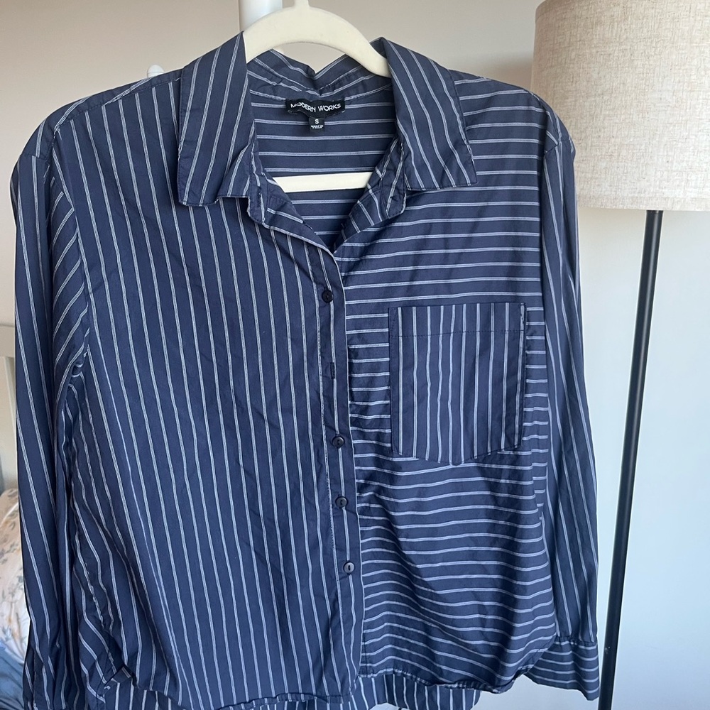 Navy vertical Striped Button-Up Shirt